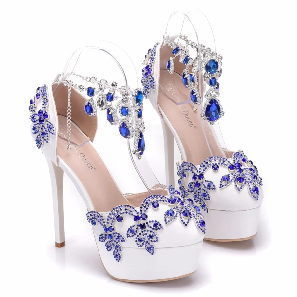 Charmant Königliches Blau Brautschuhe 2018 Kristall Strass 14 cm Stilettos Runde Zeh Hochzeit Hochhackige