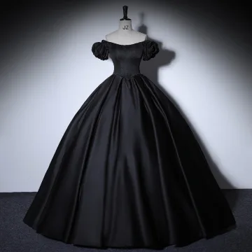 Élégant Noire Robe De Bal 2022 Satin Robe Boule De L Épaule Gonflée Manches Courtes Dos Nu Longue Robe De Ceremonie