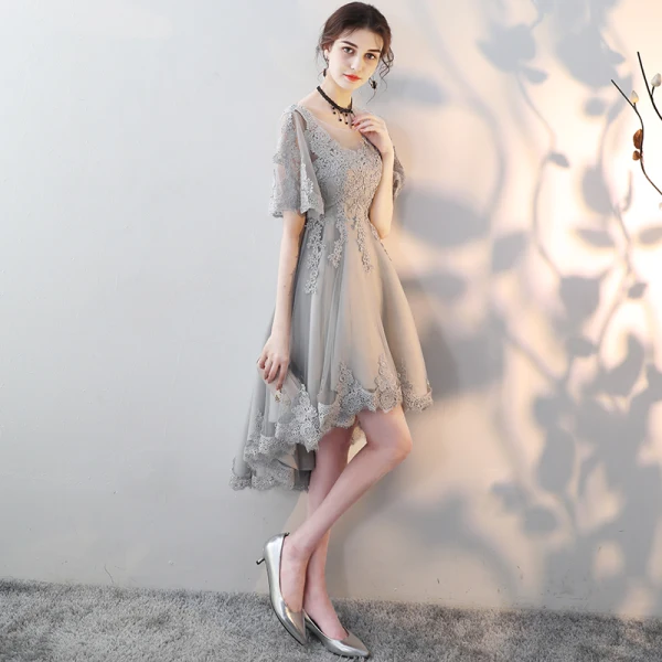 High Low Grey See-through Homecoming Graduation Dresses 2018 A-Line / Princess Scoop Neck Short Sleeve Appliques Lace Asymmetrical Backless Formal High Low Grey See-through Homecoming Graduation Dresses 2018 A-Line / Princess Scoop Neck Short Sleeve Appliques Lace Asymmetrical Backless Formal