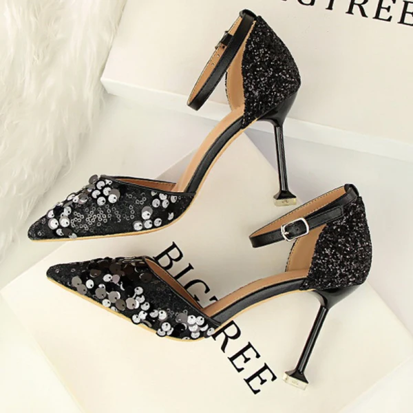 Affordable Silver Casual Womens Shoes 2019 Ankle Strap Sequins 9 cm Stiletto Heels Pointed Toe High Heels