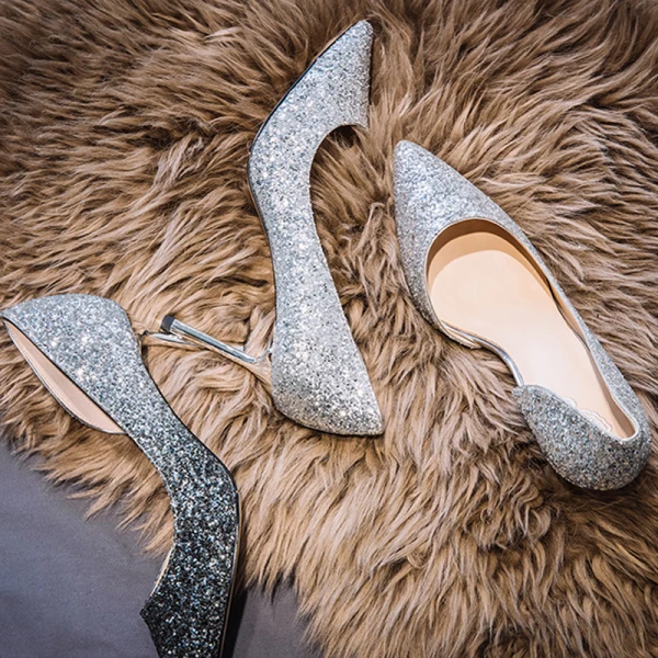 Sparkly Sølv Brudesko 2019 Paljetter 7 cm Stiletthæler Spisse Bryllup Høyhælte