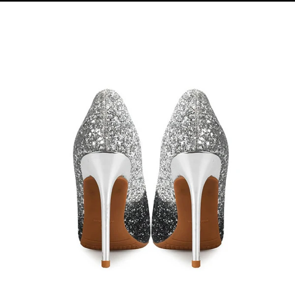 Glittrande Silver Afton Glittriga / Glitter Paljetter Pumps 2021 Läder 10 cm Stilettklackar Spetsiga Pumps Högklackade