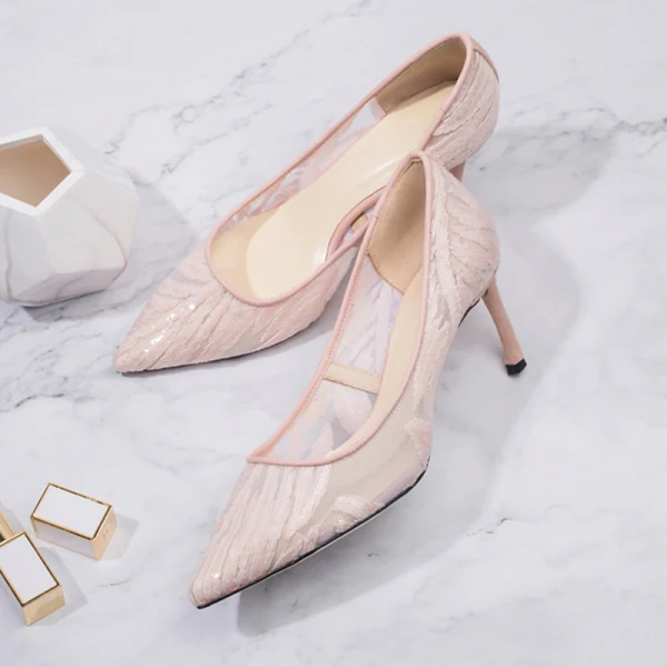 Elegant Burgundy See-through Wedding Shoes 2019 Lace 7 cm Stiletto Heels Pointed Toe Wedding Pumps