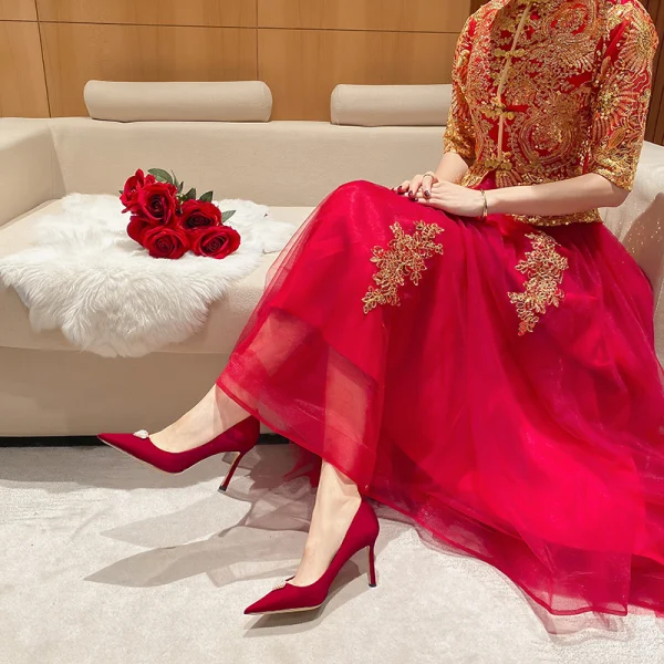Chinese style Red Pearl Wedding Shoes 2021 Leather 9 cm Stiletto Heels Pointed Toe Wedding Pumps High Heels