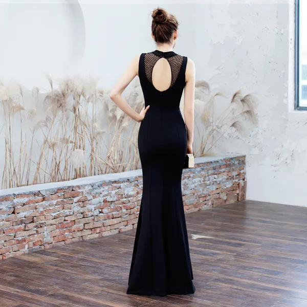 Chic / Beautiful Dark Green Evening Dresses 2019 Trumpet / Mermaid High Neck Beading Sleeveless Backless Floor-Length / Long Formal Dresses