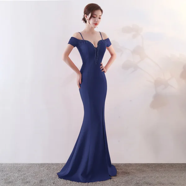 Chic / Belle Couleur Unie Ivoire Robe De Soirée 2019 Trompette / Sirène Bretelles Spaghetti Perlage Gland Sans Manches Dos Nu Fendue devant Longue Robe De Ceremonie