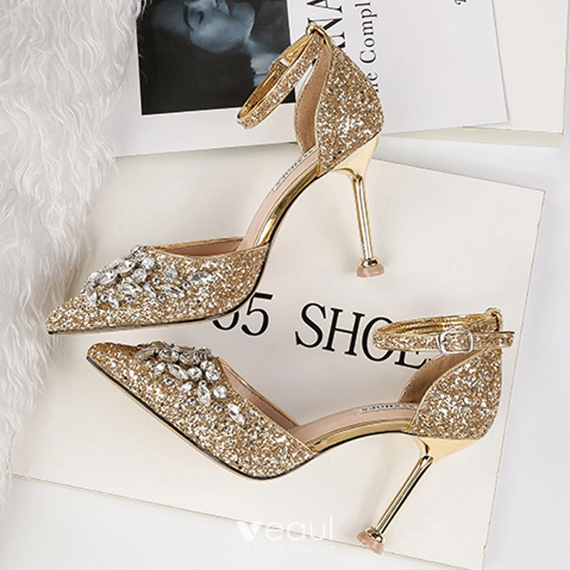 Sparkly Gold Wedding Shoes 2019 Ankle Strap Rhinestone Sequins 9 cm Stiletto Heels Pointed Toe Wedding