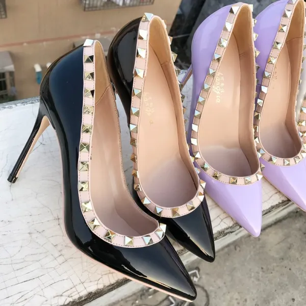 Fashion Black Evening Party Pumps 2020 Patent Leather Rivet 10 cm Stiletto Heels Pointed Toe Pumps