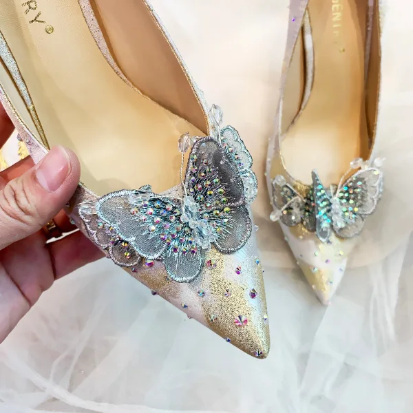Charming Silver Lace Butterfly Wedding Shoes 2021 Leather Rhinestone 9 cm Stiletto Heels Pointed Toe Wedding Pumps High Heels