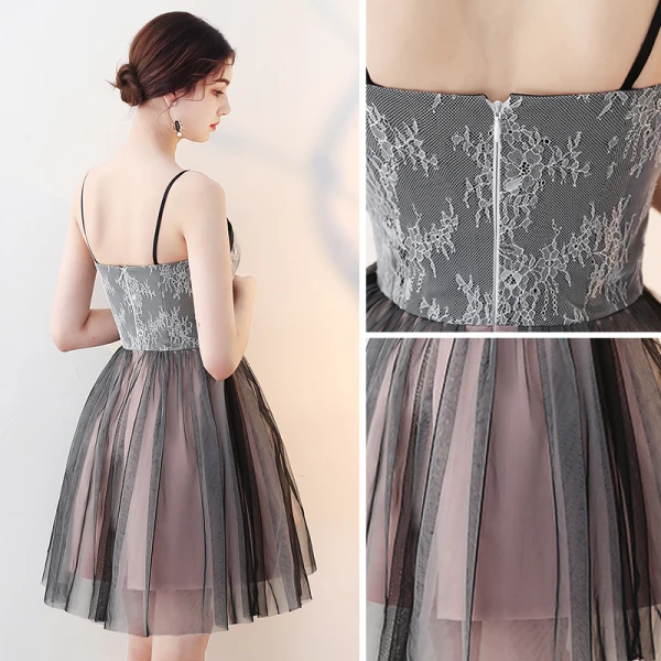 Chic / Belle Noire de retour Robe De Graduation 2018 Princesse Bretelles Spaghetti Sans Manches Courte Volants Dos Nu Robe De Ceremonie