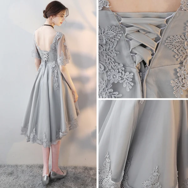 Haute Basse Gris Transparentes de retour Robe De Graduation 2018 Princesse Encolure Dégagée Manches Courtes Appliques En Dentelle Asymétrique Dos Nu Robe De Ceremonie