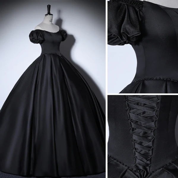 Elegant Black Prom Dresses 2022 Satin Ball Gown Off-The-Shoulder Puffy Short Sleeve Backless Floor-Length / Long Formal Dresses