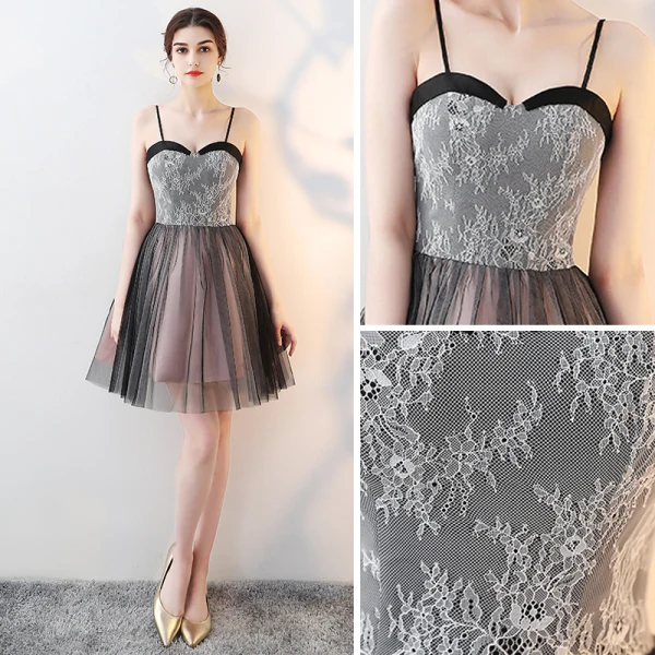 Chic / Belle Noire de retour Robe De Graduation 2018 Princesse Bretelles Spaghetti Sans Manches Courte Volants Dos Nu Robe De Ceremonie