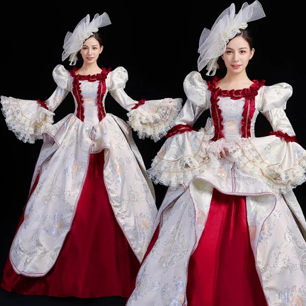 Vintage / Retro Medieval Blushing Pink Ball Gown Prom Dresses 2021 U-Neck Long Sleeve Floor-Length / Long Embroidered Printing Cosplay Prom Formal Dresses