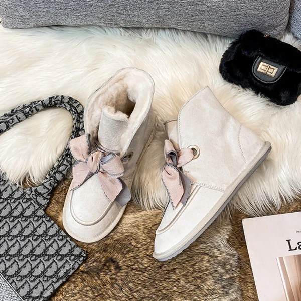 Lovely Butterfly Blushing Pink Snow Boots 2020 Woolen Leather Casual Outdoor / Garden Winter Flat Round Toe Suede Womens Boots