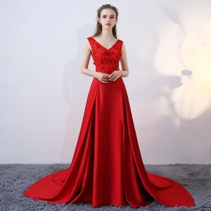 Chic Beautiful Evening Dresses 2017 Red Crossed Straps Appliques Backless Embroidered Printing Charmeuse Lace V Neck Cocktail Party Sleeveless A Line Princess Evening Party