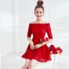 Chic / Beautiful Red Graduation Dresses 2017 Strapless Lace Braid Pierced A-Line / Princess Homecoming Party Dresses