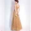 Chic / Beautiful Gold Evening Dresses  2017 A-Line / Princess U-Neck Tulle Appliques Backless Glitter Sequins Evening Party Formal Dresses