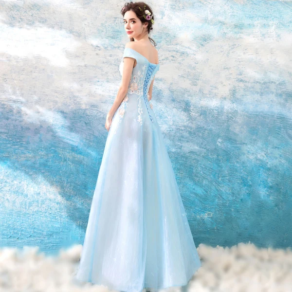 Chic / Beautiful Sky Blue Evening Dresses 2018 A-Line / Princess Floor-Length / Long Tulle Strapless Butterfly Appliques Backless Beading Evening Party Formal Dresses