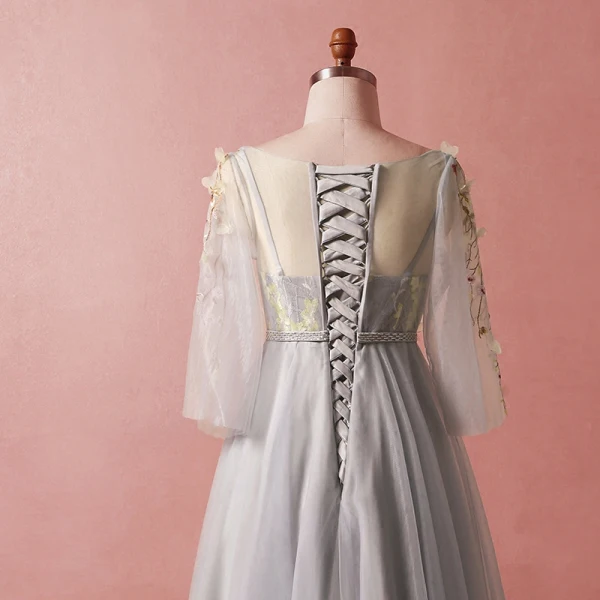Chic / Belle Gris Grande Taille Robe De Soirée 2018 Princesse 3/4 Manches Printemps V-Cou Tulle Bretelles croisées Fleur Appliques Dos Nu Perlage Soirée Robe De Ceremonie