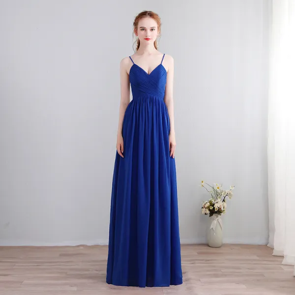 Charming Sexy Floor-Length / Long Royal Blue Evening Dresses  2018 A-Line / Princess Chiffon V-Neck Lace-up Backless Beading Formal Dresses