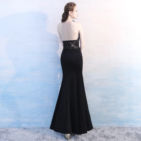 Modest / Simple Black Floor-Length / Long Evening Dresses  2018 Trumpet / Mermaid High Neck Lace Charmeuse Evening Party Formal Dresses