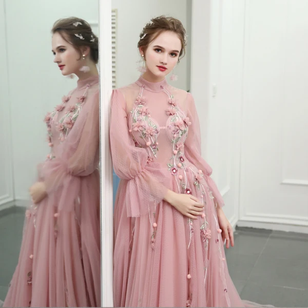 Chic / Belle Rougissant Rose Cathedral Train Robe De Soirée 2018 Princesse Tulle Col Haut Impression Soirée Robe De Bal