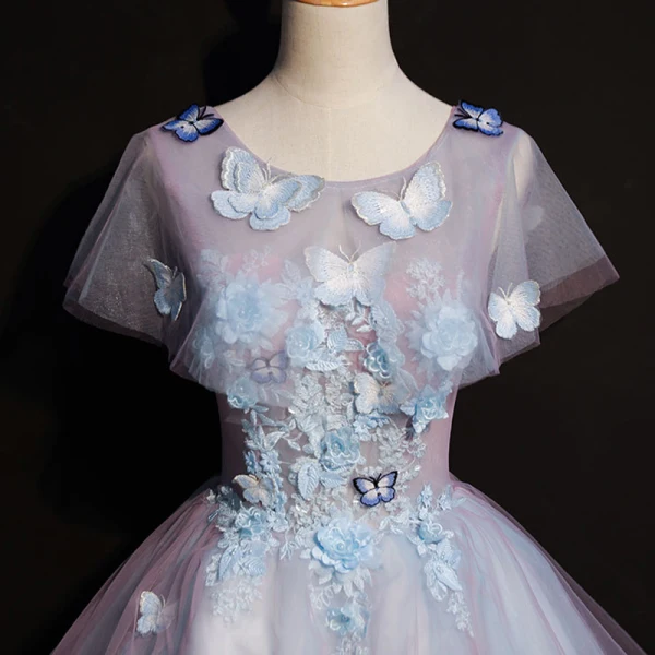 Chic / Beautiful Lavender Short Graduation Dresses 2018 A-Line / Princess U-Neck Tulle Butterfly Appliques Backless Beading Homecoming Formal Dresses