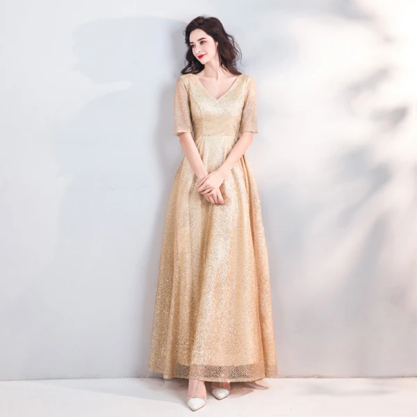Sparkly Bling Bling Gold Floor-Length / Long Evening Dresses 2018 A-Line / Princess V-Neck Tulle Backless Beading Sequins Evening Party Formal Dresses
