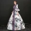 Vintage Multifarben Lange Ballkleid Ballkleider 2018 3/4 Ärmel U-Ausschnitt Schnüren Charmeuse Applikationen Rückenfreies Drucken Ball Festliche Kleider