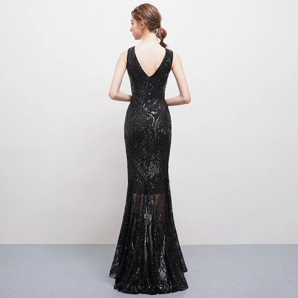 Unique Sexy Schwarz Asymmetrisch Abendkleider 2018 Mermaid Tülle V-Ausschnitt Rückenfreies Perlenstickerei Pailletten Festliche Kleider