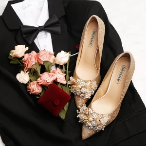 Luxus Herrlich Bling Bling Gold Hochhackige 2019 Leder Perlenstickerei Perle Strass Cocktail Abend 9 Cm Spitzschuh Damenschuhe