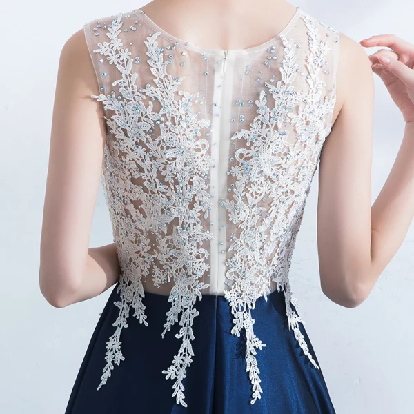 Chic / Beautiful Navy Blue Evening Dresses  2017 A-Line / Princess V-Neck Embroidered Backless Rhinestone Charmeuse Evening Party Party Dresses