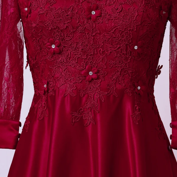 Vintage / Originale Bordeaux Grande Taille Robe De Soirée 2020 Princesse V-Cou Longue Manches Longues Fait main Dentelle 3D Perlage Faux Diamant Couleur Unie Soirée Robe De Ceremonie