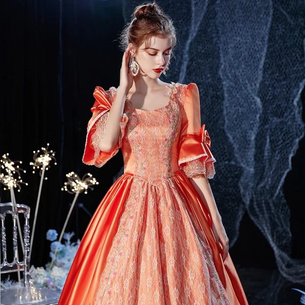 Vintage / Retro Elegant Medieval Orange Ball Gown Prom Dresses 2021 1/2 Sleeves Square Neckline Crossed Straps Floor-Length / Long Beading Star Cosplay Prom