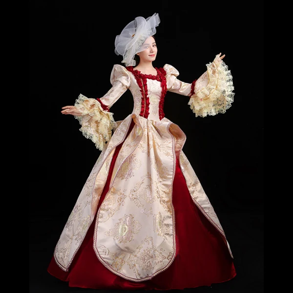 Vintage / Retro Medieval Blushing Pink Ball Gown Prom Dresses 2021 U-Neck Long Sleeve Floor-Length / Long Embroidered Printing Cosplay Prom Formal Dresses