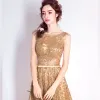 Chic / Belle Doré Robe De Soirée 2017 Princesse U-Cou Tulle Appliques Dos Nu Glitter Paillettes Soirée Robe De Ceremonie