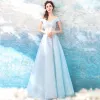 Chic / Beautiful Sky Blue Evening Dresses  2018 A-Line / Princess Floor-Length / Long Tulle Strapless Butterfly Appliques Backless Beading Evening Party Formal Dresses