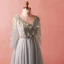 Chic / Belle Gris Grande Taille Robe De Soirée 2018 Princesse 3/4 Manches Printemps V-Cou Tulle Bretelles croisées Fleur Appliques Dos Nu Perlage Soirée Robe De Ceremonie