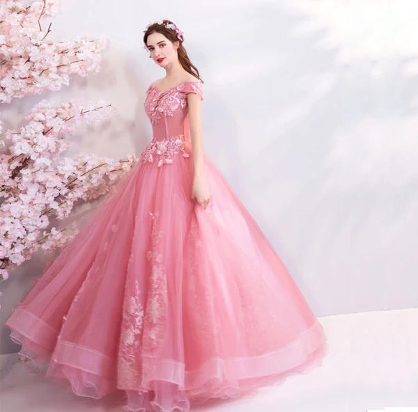 Flower Fairy Candy Pink Floor-Length / Long Prom Dresses 2018 Ball Gown Tulle Strapless Appliques Backless Beading Prom Evening Dresses