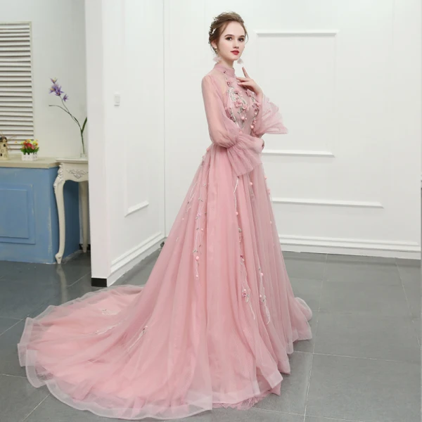 Chic / Belle Rougissant Rose Cathedral Train Robe De Soirée 2018 Princesse Tulle Col Haut Impression Soirée Robe De Bal