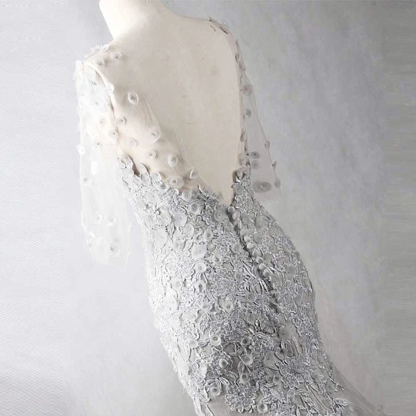 Unika Grå Chapel Train Aftonklänningar 2018 Trumpet / Sjöjungfru V-Hals Tyll Appliqués Halterneck Beading Pierced Afton Formella Klänningar