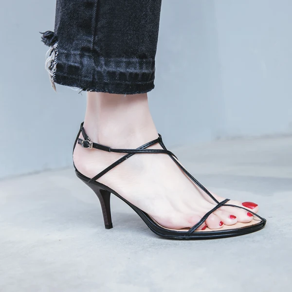 Modern / Fashion Black Beach Leather Strappy T-Strap Open / Peep Toe 8 cm Sandals High Heels Womens Shoes 2018