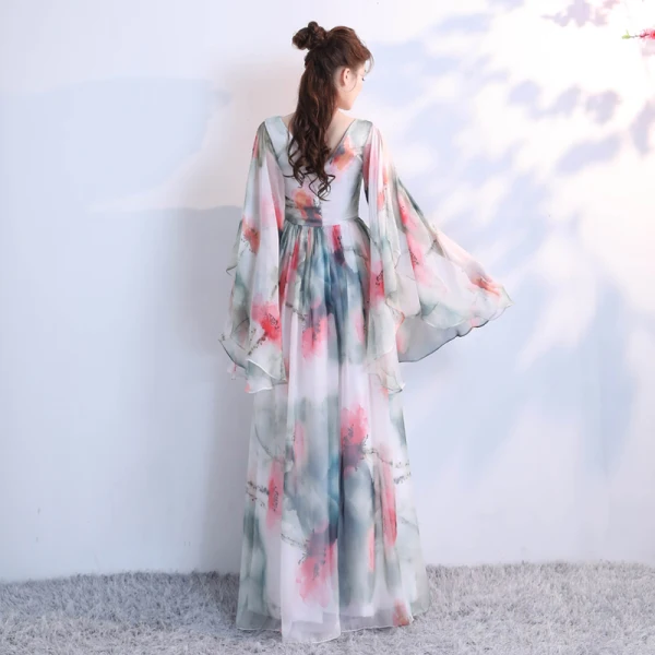 Flower Fairy Multi-Colors Floor-Length / Long Evening Dresses  2018 A-Line / Princess Tulle V-Neck Backless Printing Evening Party Formal Dresses