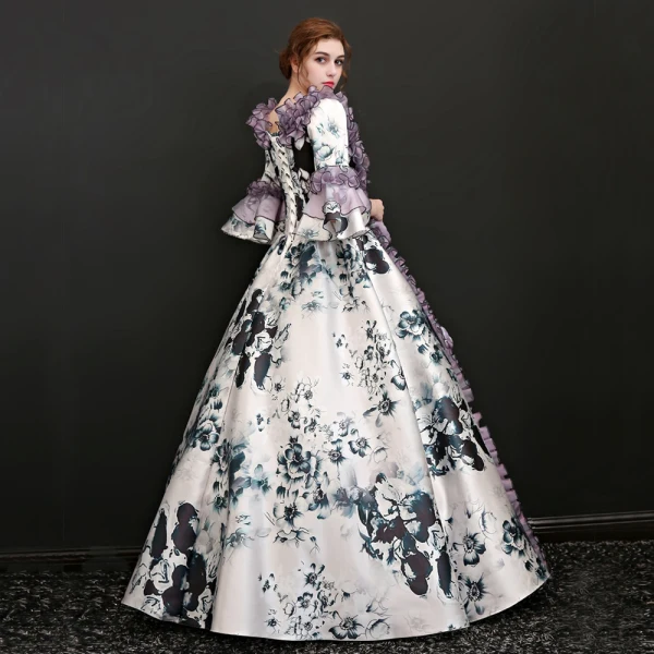 Vintage Multifarben Lange Ballkleid Ballkleider 2018 3/4 Ärmel U-Ausschnitt Schnüren Charmeuse Applikationen Rückenfreies Drucken Ball Festliche Kleider