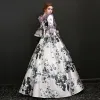 Vintage / Retro Multi-Colors Floor-Length / Long Ball Gown Prom Dresses 2018 3/4 Sleeve U-Neck Lace-up Charmeuse Appliques Backless Printing Prom Formal Dresses