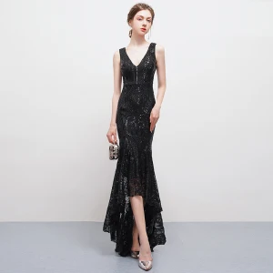 Unique Sexy Noire Asymétrique Robe De Soirée 2018 Trompette Sirène Tulle V Cou Dos Nu Perlage Paillettes Robe De Ceremonie