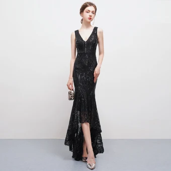Unique Sexy Noire Asymétrique Robe De Soirée 2018 Trompette Sirène Tulle V Cou Dos Nu Perlage Paillettes Robe De Ceremonie