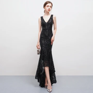 Amazing Unique Sexy Black Asymmetrical Evening Dresses 2018 Trumpet Mermaid Tulle V Neck Backless Beading Sequins Formal Dresses