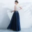 Chic / Beautiful Navy Blue Evening Dresses  2017 A-Line / Princess V-Neck Embroidered Backless Rhinestone Charmeuse Evening Party Party Dresses